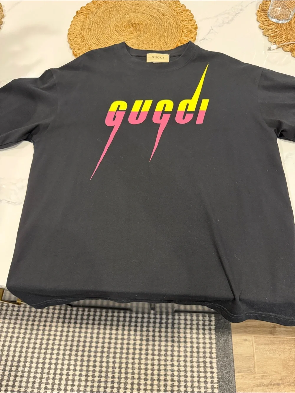 Gucci Black Short Sleeve Tee with Pink & Yellow Logo